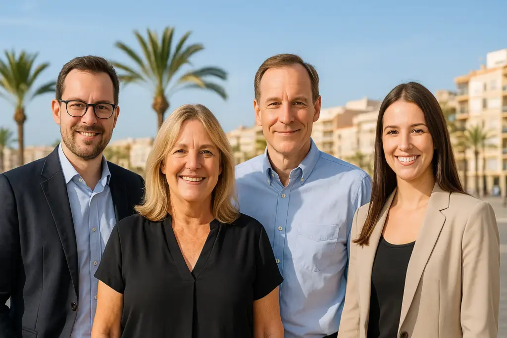 4 freundliche Mitarbeiter der Webagentur SEO-Costa aus Torevieja am Strand.