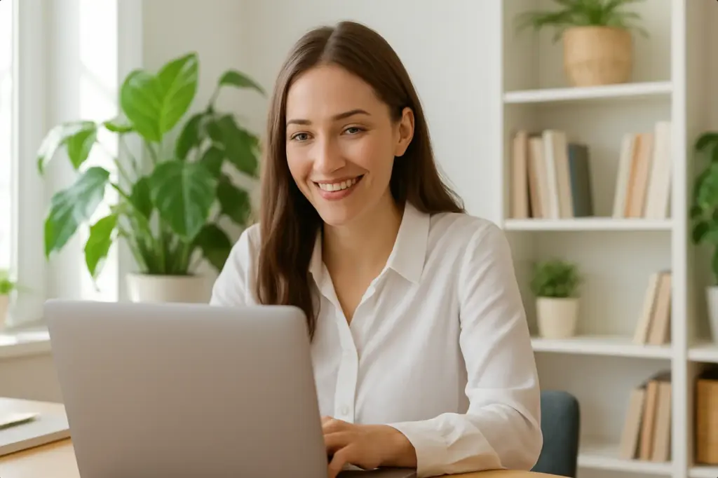 Mitarbeiterin der Agentur Webdesign Torrevieja SEO-Costa im modernen Büro an ihrem Laptop.