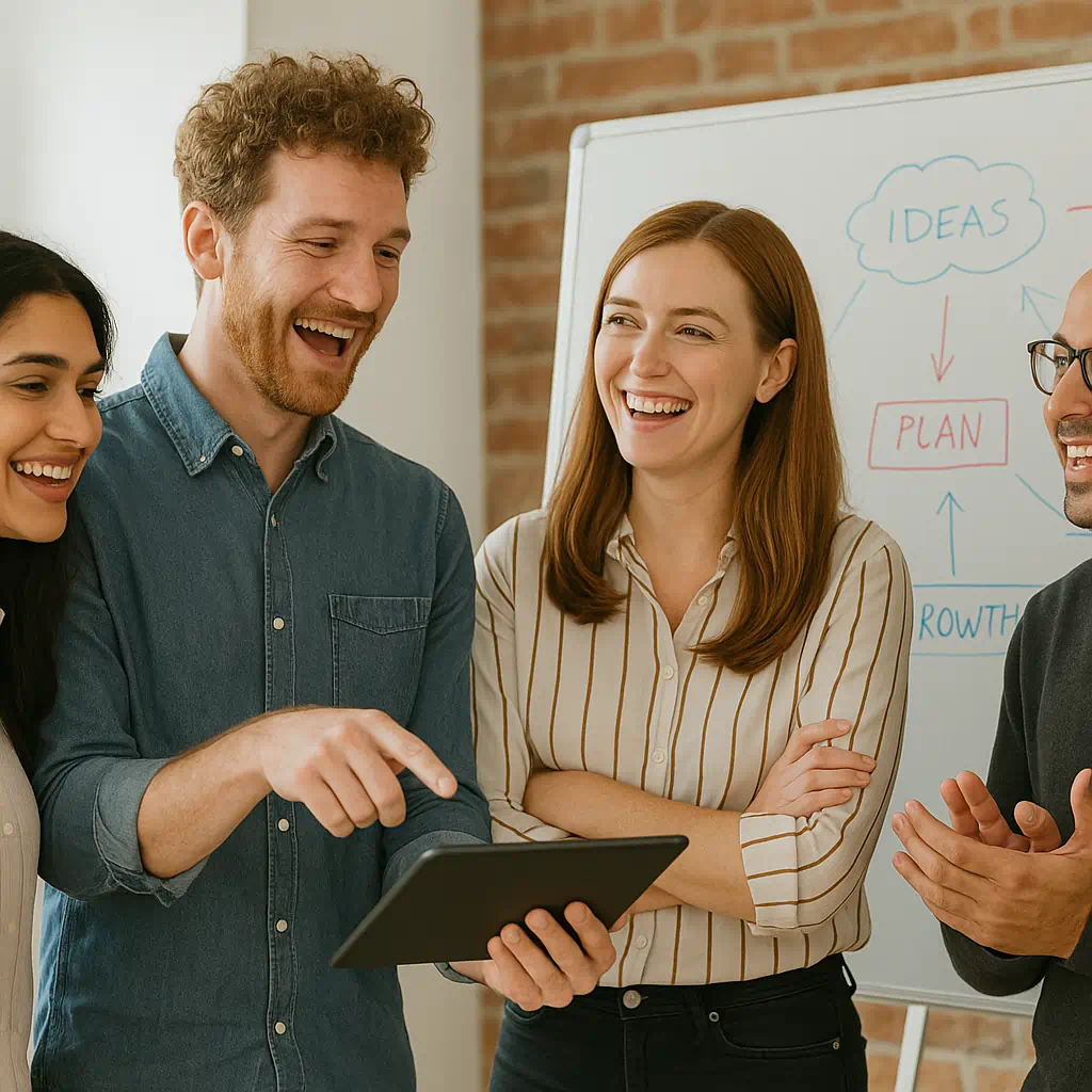 4 Personen der Webagentur an der Costa Blanca. Symbolbild für: Webseiten als ein professionelles Kundengewinnungs-Tool.
