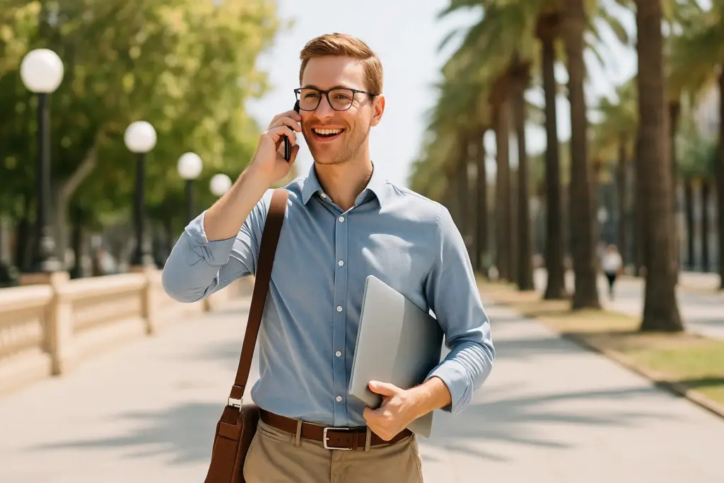 Mitarbeiter der Webagentur Orihuela Costa am Telefonieren mit Laptop unterm Arm.