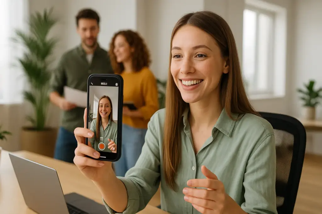 Junge Frau nimmt mit dem Smartphone ein Reel im modernen Büro auf – Jobs für Social Media und Content Creation in Torrevieja.