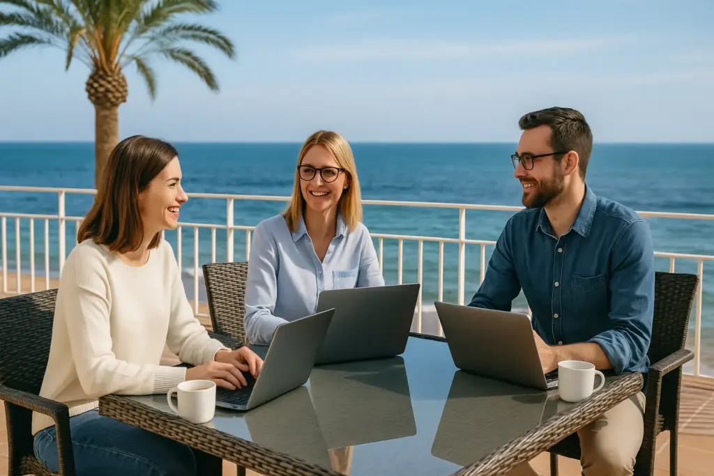 Drei Kollegen von Webdesign Torrevieja sitzen mit Laptops und Kaffee auf einer Terrasse mit Meerblick in Orihuela Costa – entspanntes Team-Meeting im mediterranen Flair.
