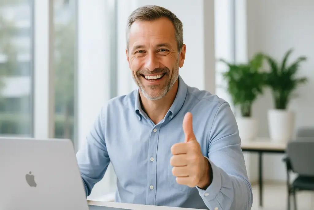 Glücklicher Kunde mit Laptop und Daumen hoch – Symbol für erfolgreiches Webdesign Orihuela Costa und zufriedene Auftraggeber.