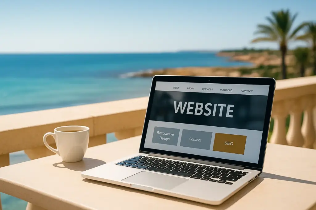 Laptop auf Terrasse mit Meerblick – Symbol für kreatives Webdesign und SEO an der Costa Blanca.