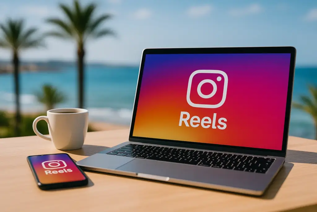 Laptop und Smartphone mit Instagram-Reels-Logo auf einer Terrasse mit Meerblick und Palmen an der Costa Blanca – Symbol für modernes Social-Media-Marketing und kreative Content-Erstellung.