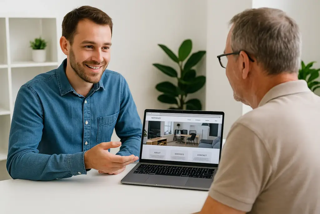 Beratung zwischen Webdesigner und Kunde in Torrevieja über Webdesign und Suchmaschinenoptimierung.