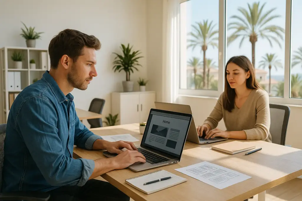 Webdesigner in einem modernen Büro in Torrevieja an der Costa Blanca beim Arbeiten an einer Webseite.